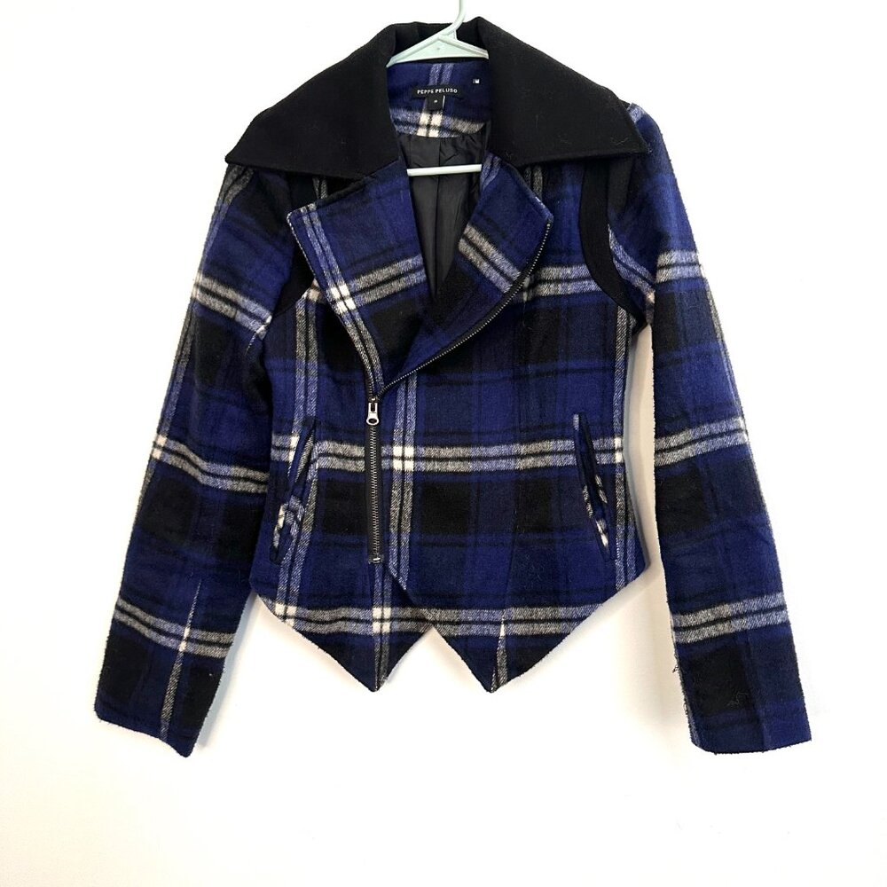 Pepe Peluso Indigo Wool Blend Plaid Zip Jacket